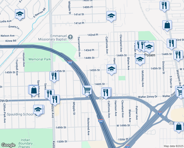 map of restaurants, bars, coffee shops, grocery stores, and more near 14500 San Francisco Avenue in Posen