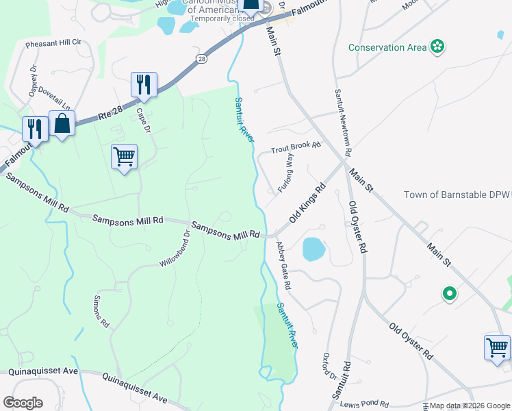 map of restaurants, bars, coffee shops, grocery stores, and more near 113 Furlong Way in Mashpee
