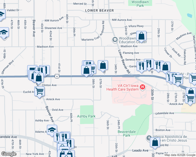 map of restaurants, bars, coffee shops, grocery stores, and more near 3722 37th Street in Des Moines