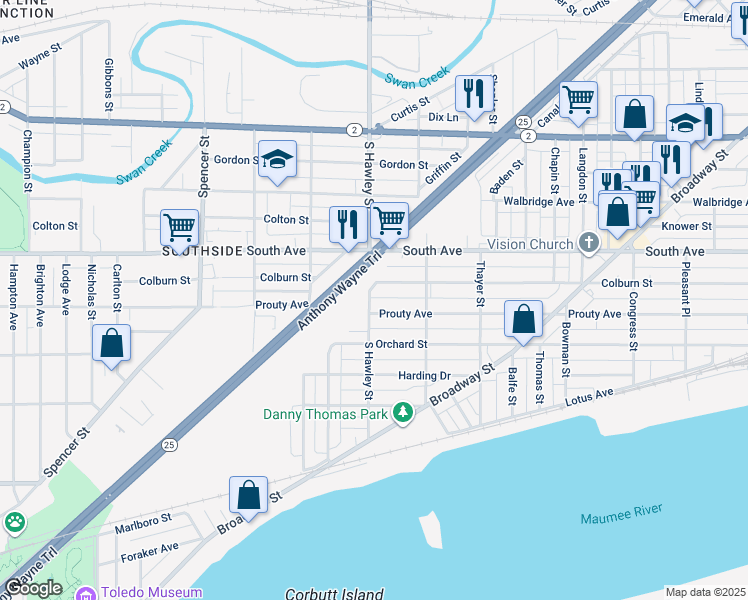 map of restaurants, bars, coffee shops, grocery stores, and more near 1060 Prouty Avenue in Toledo