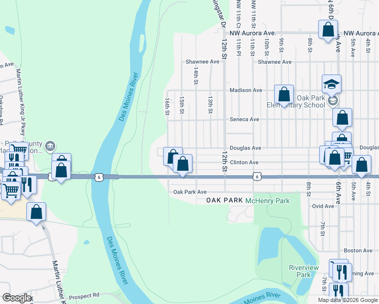 map of restaurants, bars, coffee shops, grocery stores, and more near 1412 Douglas Avenue in Des Moines