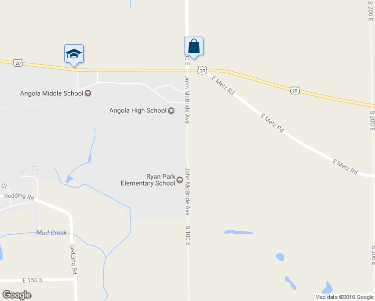 map of restaurants, bars, coffee shops, grocery stores, and more near John McBride Avenue in Angola