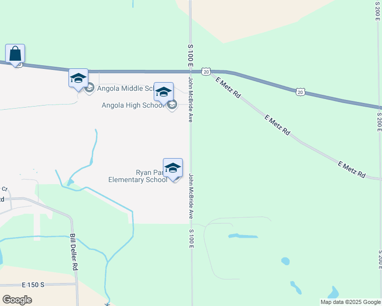 map of restaurants, bars, coffee shops, grocery stores, and more near John McBride Avenue in Angola