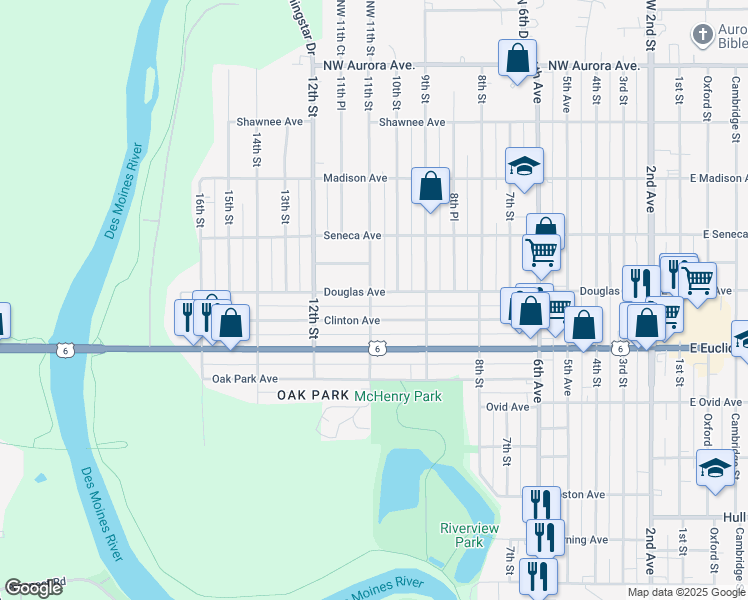 map of restaurants, bars, coffee shops, grocery stores, and more near 1015 Douglas Avenue in Des Moines