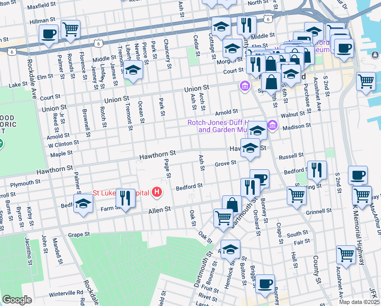 map of restaurants, bars, coffee shops, grocery stores, and more near 122 Hawthorn Street in New Bedford