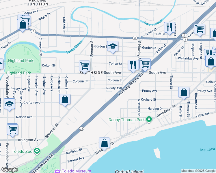 map of restaurants, bars, coffee shops, grocery stores, and more near 544 Hiett Avenue in Toledo