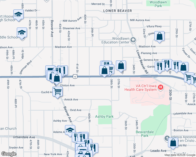 map of restaurants, bars, coffee shops, grocery stores, and more near 3916 Douglas Avenue in Des Moines