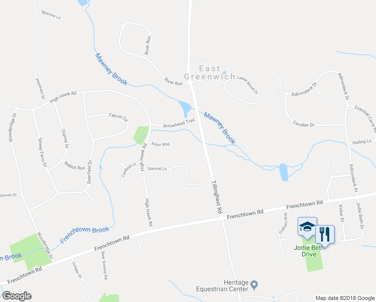 map of restaurants, bars, coffee shops, grocery stores, and more near 455 Tillinghast Road in East Greenwich