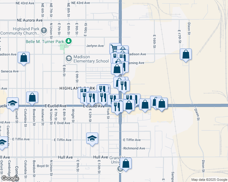 map of restaurants, bars, coffee shops, grocery stores, and more near 1343 E Douglas Ave in Des Moines