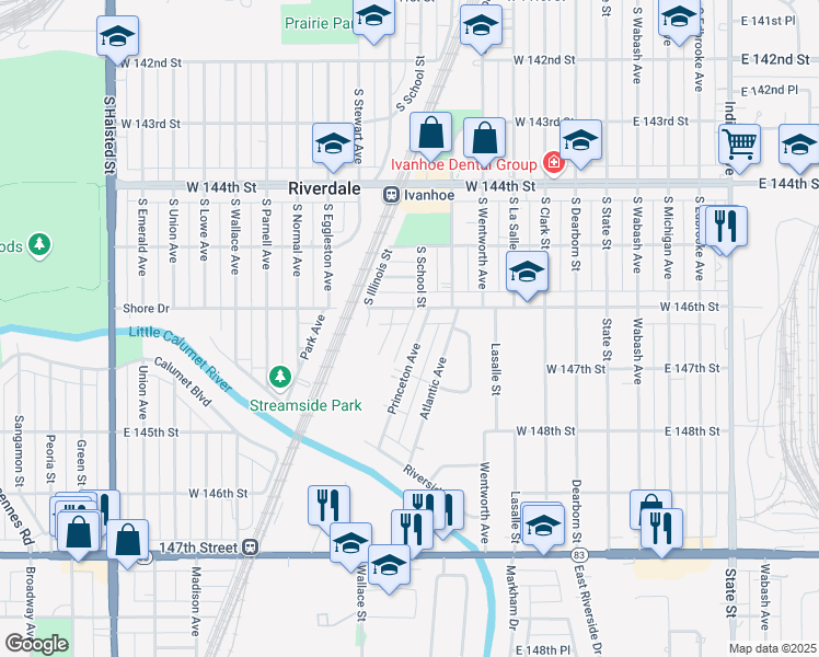 map of restaurants, bars, coffee shops, grocery stores, and more near 14616 Harvard Street in Dolton