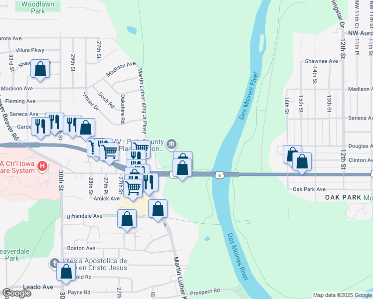map of restaurants, bars, coffee shops, grocery stores, and more near 2309 Euclid Avenue in Des Moines