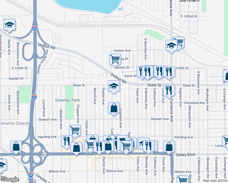map of restaurants, bars, coffee shops, grocery stores, and more near 283 Luella Avenue in Calumet City
