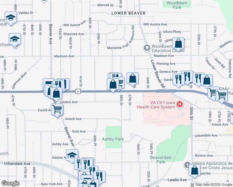 map of restaurants, bars, coffee shops, grocery stores, and more near 3818 Douglas Avenue in Des Moines