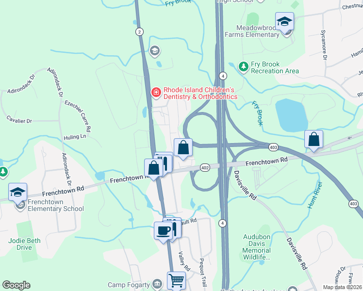 map of restaurants, bars, coffee shops, grocery stores, and more near 180 Lewis Farm Road in East Greenwich