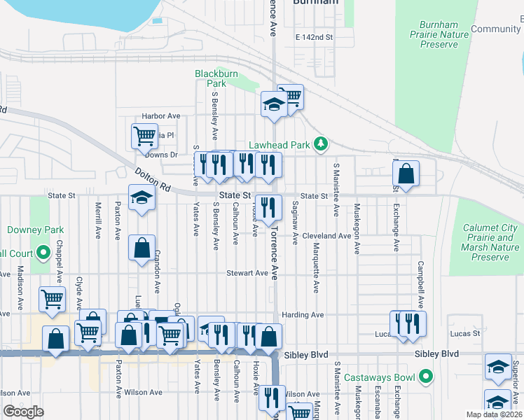 map of restaurants, bars, coffee shops, grocery stores, and more near 270 Torrence Avenue in Calumet City