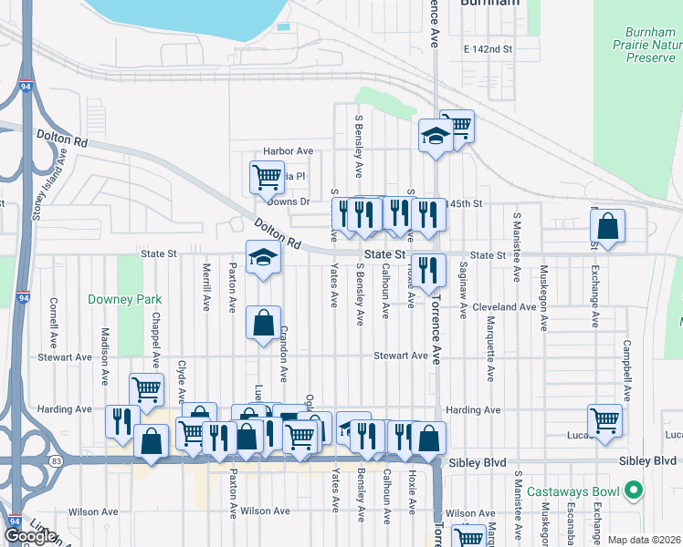 map of restaurants, bars, coffee shops, grocery stores, and more near 274 Yates Avenue in Calumet City