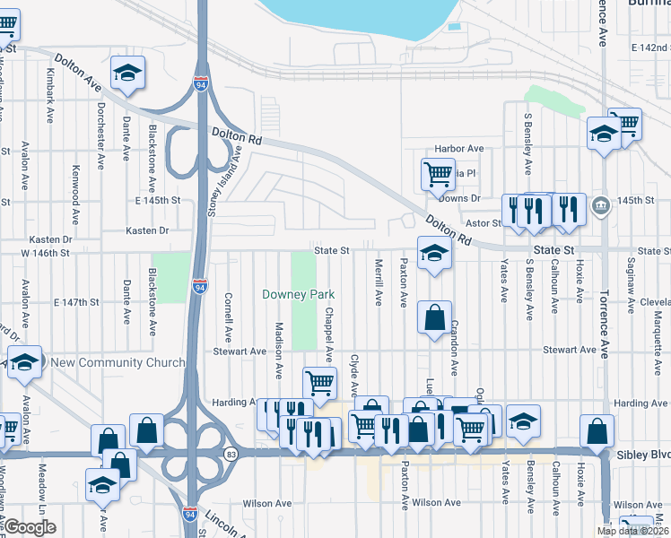 map of restaurants, bars, coffee shops, grocery stores, and more near 274 Clyde Avenue in Calumet City