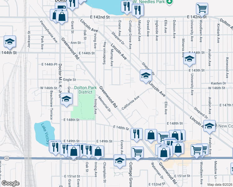 map of restaurants, bars, coffee shops, grocery stores, and more near 14635 Greenwood Road in Dolton