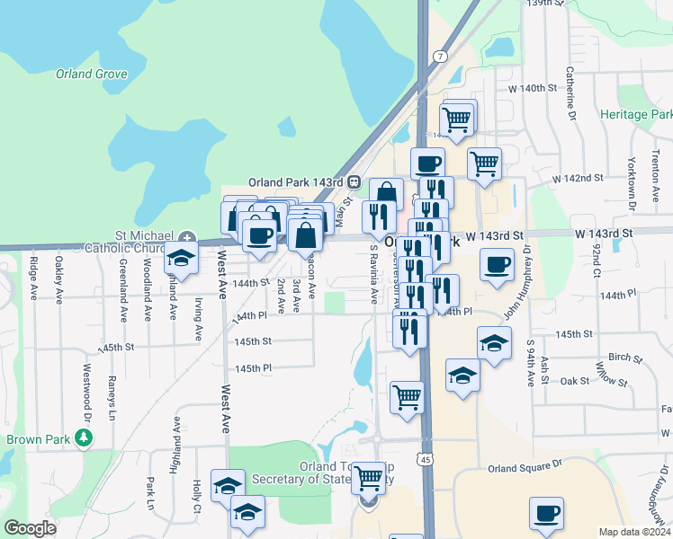 map of restaurants, bars, coffee shops, grocery stores, and more near 9744 Ravinia Lane in Orland Park