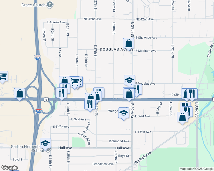 map of restaurants, bars, coffee shops, grocery stores, and more near 2723 East Douglas Avenue in Des Moines