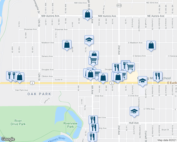 map of restaurants, bars, coffee shops, grocery stores, and more near 617 Douglas Avenue in Des Moines