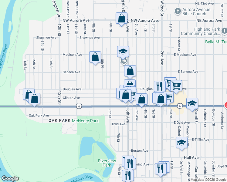 map of restaurants, bars, coffee shops, grocery stores, and more near 714 Douglas Avenue in Des Moines