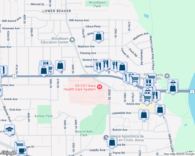map of restaurants, bars, coffee shops, grocery stores, and more near 3025 Douglas Avenue in Des Moines
