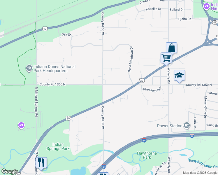 map of restaurants, bars, coffee shops, grocery stores, and more near 289-483 County Road 1350 N in Porter