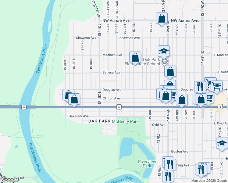 map of restaurants, bars, coffee shops, grocery stores, and more near 1117 Douglas Avenue in Des Moines