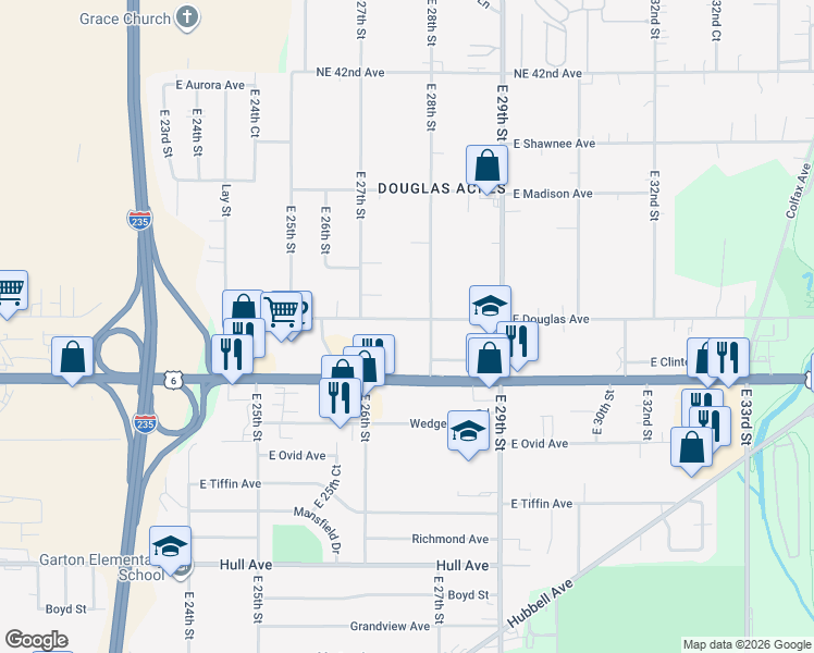 map of restaurants, bars, coffee shops, grocery stores, and more near 2723 East Douglas Avenue in Des Moines