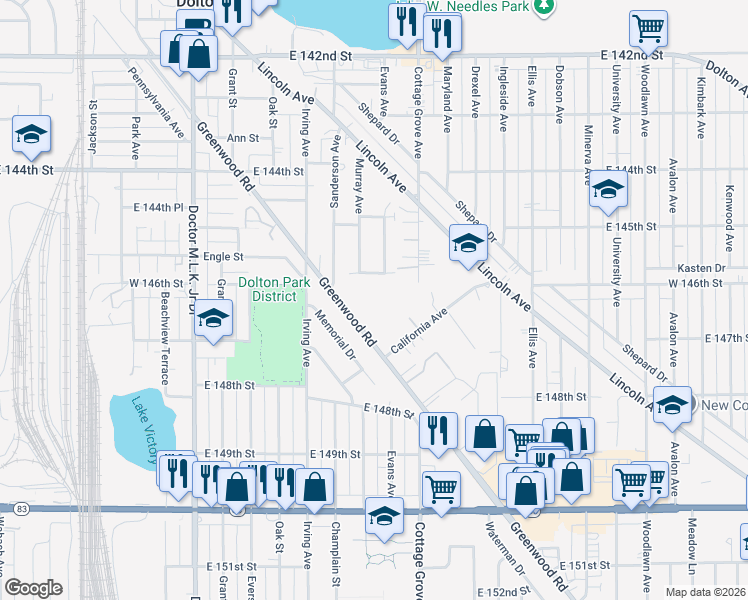 map of restaurants, bars, coffee shops, grocery stores, and more near 14635 Greenwood Road in Dolton