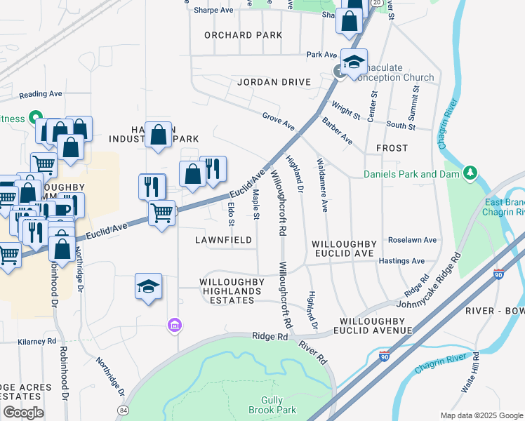 map of restaurants, bars, coffee shops, grocery stores, and more near 4733 Maple Street in Willoughby