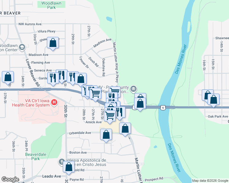 map of restaurants, bars, coffee shops, grocery stores, and more near 3720 Martin Luther King Junior Parkway in Des Moines