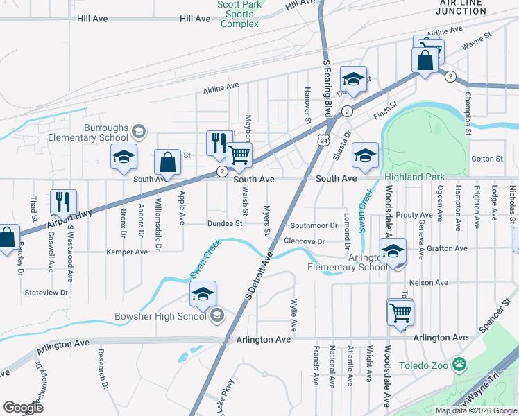 map of restaurants, bars, coffee shops, grocery stores, and more near 530 Myers Street in Toledo