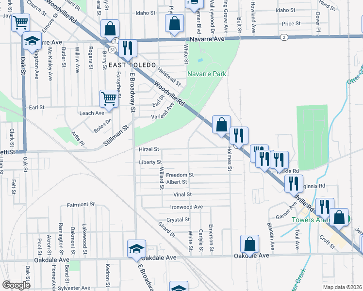 map of restaurants, bars, coffee shops, grocery stores, and more near 1120 Hazelwood St in Toledo