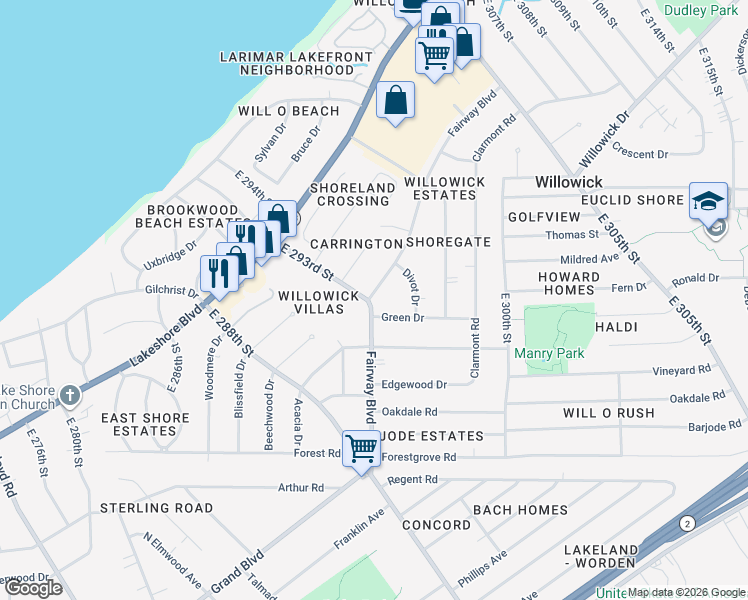 map of restaurants, bars, coffee shops, grocery stores, and more near 29300 Fairway Boulevard in Willowick