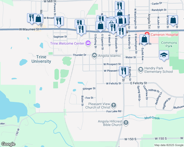 map of restaurants, bars, coffee shops, grocery stores, and more near 601 W Pleasant St in Angola