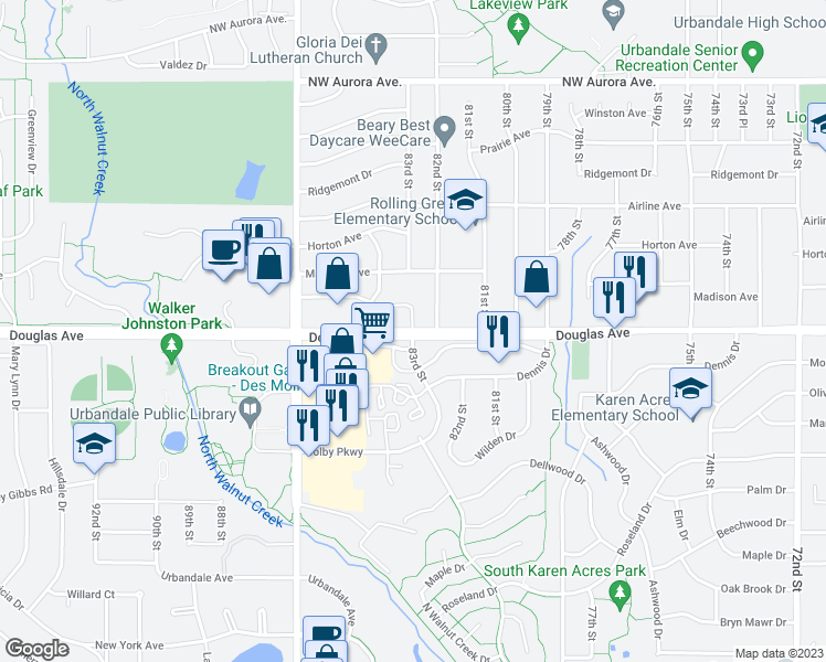 map of restaurants, bars, coffee shops, grocery stores, and more near 8235 Douglas Avenue in Urbandale