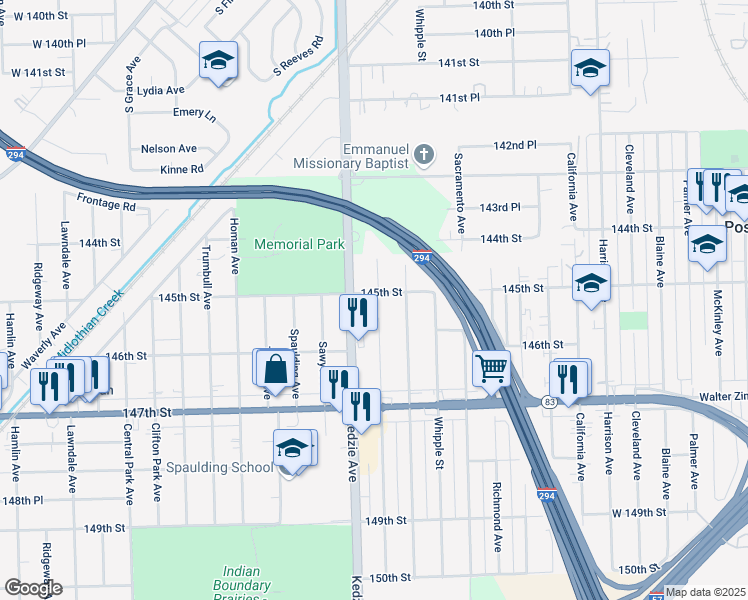 map of restaurants, bars, coffee shops, grocery stores, and more near 3143W 145th Street in Posen