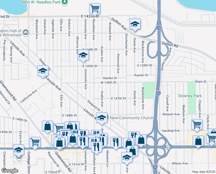map of restaurants, bars, coffee shops, grocery stores, and more near 14609 Avalon Avenue in Dolton