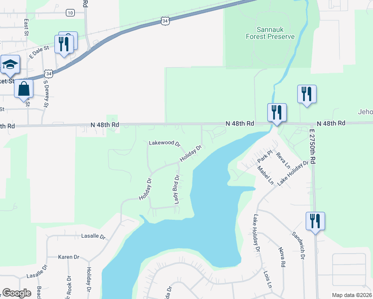 map of restaurants, bars, coffee shops, grocery stores, and more near 1239 Lakewood Drive in Somonauk