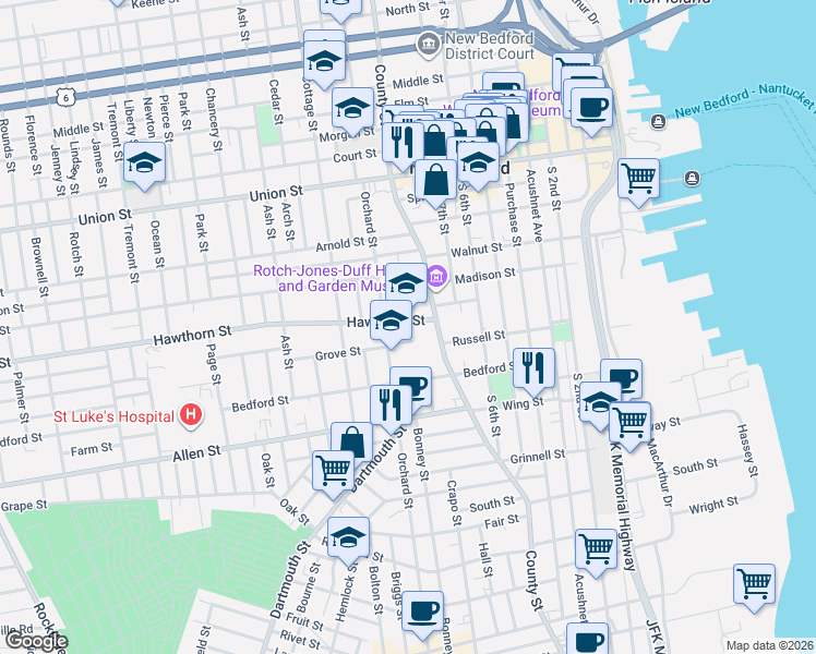 map of restaurants, bars, coffee shops, grocery stores, and more near 22 Hawthorn Street in New Bedford