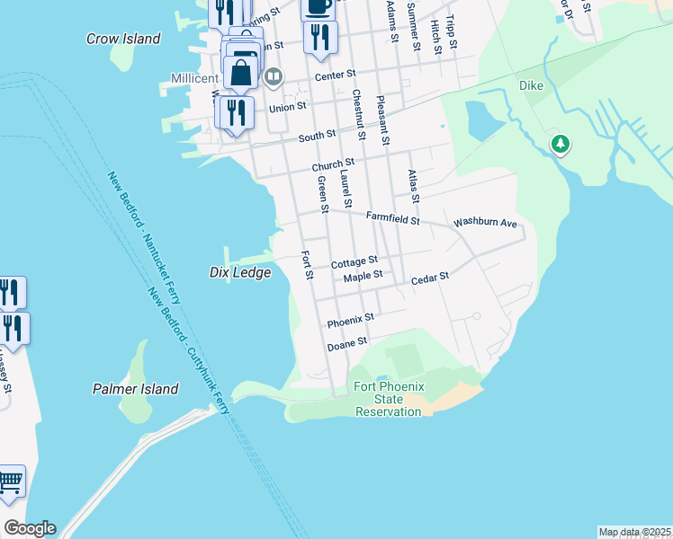 map of restaurants, bars, coffee shops, grocery stores, and more near 17 Green Street in Fairhaven