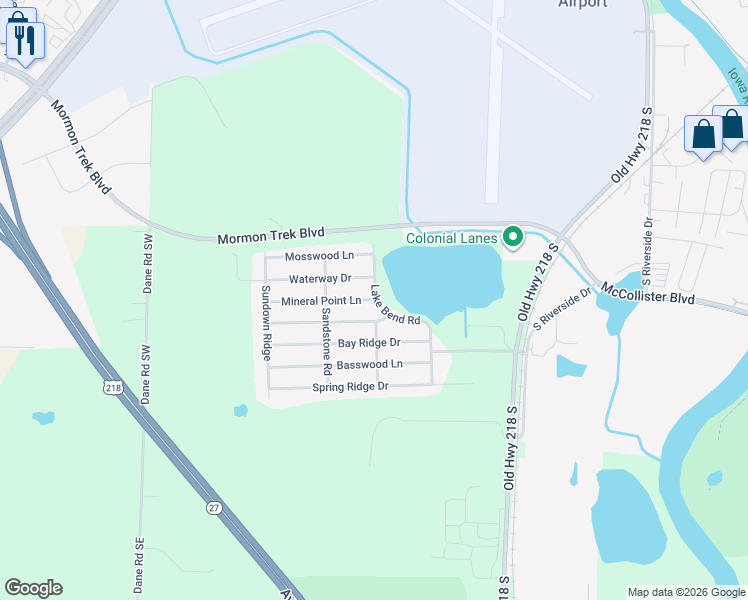 map of restaurants, bars, coffee shops, grocery stores, and more near 500 Mineral Point Lane in Iowa City