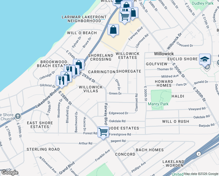map of restaurants, bars, coffee shops, grocery stores, and more near 29300 Fairway Blvd in Willowick