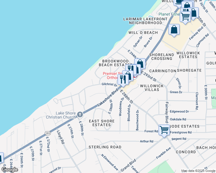 map of restaurants, bars, coffee shops, grocery stores, and more near 28612 Gilchrist Drive in Willowick