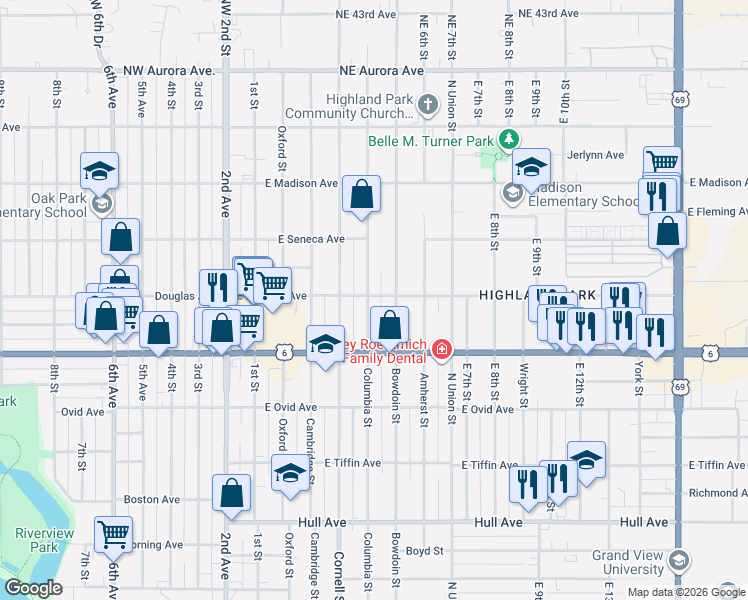 map of restaurants, bars, coffee shops, grocery stores, and more near 3645 Columbia Street in Des Moines