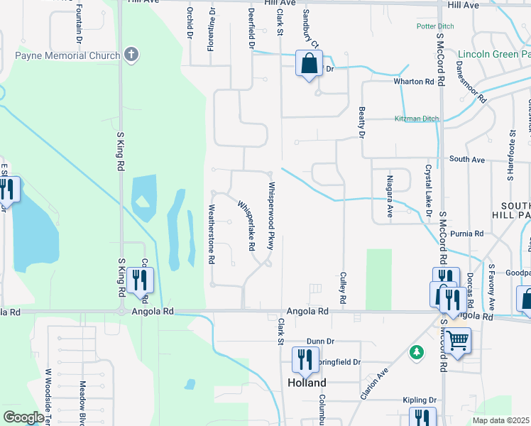 map of restaurants, bars, coffee shops, grocery stores, and more near 621 Whisperwood Parkway in Holland
