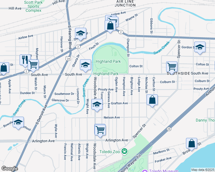 map of restaurants, bars, coffee shops, grocery stores, and more near 546 Geneva Avenue in Toledo