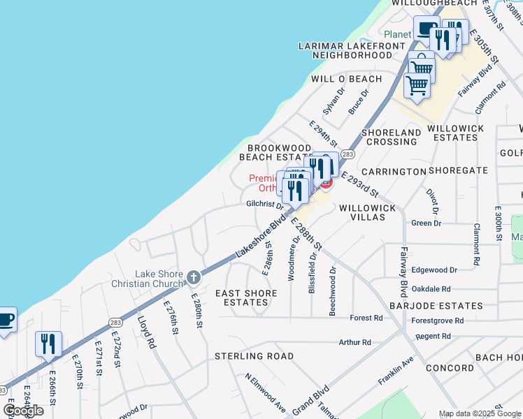 map of restaurants, bars, coffee shops, grocery stores, and more near 28612 Gilchrist Drive in Willowick